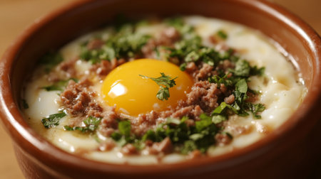 A delicious savory egg dish featuring a bright yolk atop savory meat and fresh herbs, beautifully presented in a rustic bowl, perfect for a hearty meal.の素材