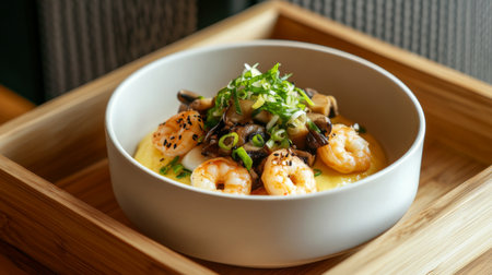 Delight in this vibrant shrimp dish topped with mushrooms and green onions, served in a sleek bowl. Perfect for any culinary occasion or dining experience.の素材