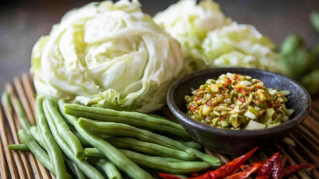 A vibrant assortment of fresh vegetables, including cabbage and green beans, accompanied by a spicy condiment, perfect for healthy meals and recipes.の素材