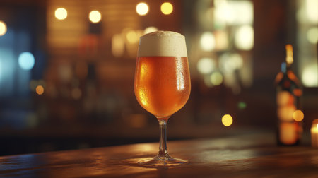 A beautifully chilled glass of beer with a frothy foam topping sits on a wooden table, surrounded by warm bokeh lights, perfect for relaxation.の素材