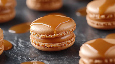 A close-up image of caramel macarons drizzled with sauce, perfect for gourmet dessert themes. Ideal for food blogs, recipes, and sweet treat promotions.の素材