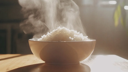 A steaming bowl of freshly cooked rice exudes warmth and comfort, highlighting the simplicity and flavor of this staple food in a cozy kitchen setting.の素材