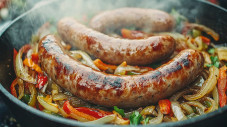 Juicy grilled sausages rest atop a vibrant mix of sautの素材