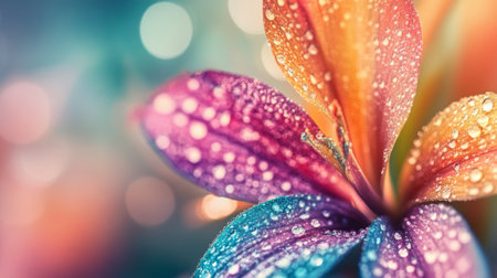 A stunning macro image of a vibrant flower with water droplets, showcasing a palette of colors in a soft-focus background. Perfect for nature lovers.の素材