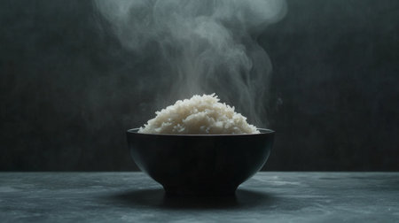 A close-up of steaming white rice in a black bowl against a dark background, evoking a sense of warmth and comfort in dining and culinary scenes.の素材