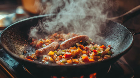 Juicy sausages frying softly with vibrant vegetables, creating a flavorful meal. Perfect for dinner or lunch, this culinary scene inspires home cooking.の素材
