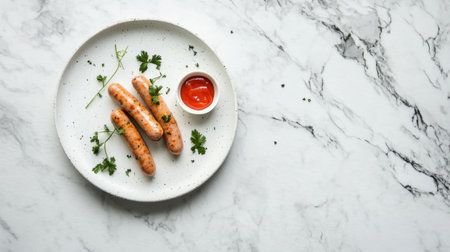 A plate of delicious sausages garnished with fresh herbs and served with a dipping sauce on a stylish marble surface, perfect for any meal.の素材