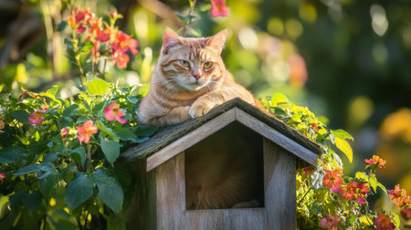 A peaceful orange cat lounges atop a wooden house surrounded by vibrant flowers in a sunny garden, creating a serene atmosphere perfect for nature lovers.の素材