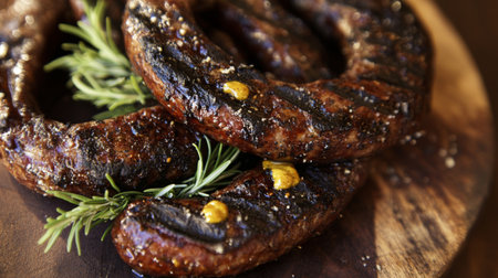 Juicy grilled sausages arranged on a wooden board garnished with fresh herbs. Perfect for culinary displays, outdoor parties, and delicious meals.の素材