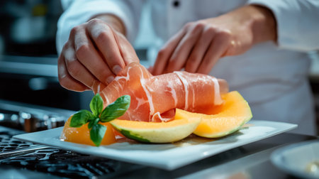 A skilled chef delicately wraps prosciutto around fresh melon slices. This gourmet dish features aromatic basil, emphasizing flavor and presentation in culinary arts.の素材