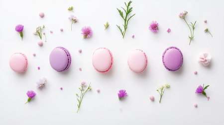 A visually appealing display of colorful macarons surrounded by delicate edible flowers on a clean, white surface, perfect for dessert lovers.の素材
