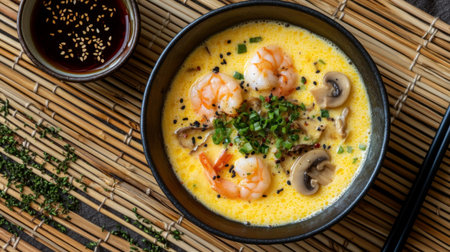 A vibrant bowl of shrimp soup featuring tender mushrooms, creamy broth, and fresh chives, perfect for a comforting meal or appetizer.の素材