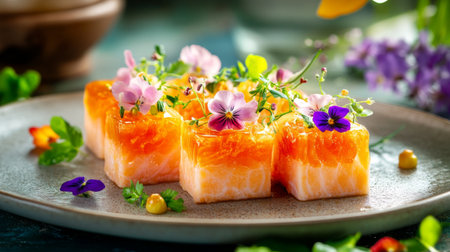 A visually stunning sushi dish featuring vibrant edible flowers, fresh seafood, and artistic plating. Perfect for gourmet food photography.の素材