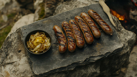 A tempting display of grilled sausages arranged on a stone surface, accompanied by caramelized onions, perfect for outdoor gatherings and picnics.の素材