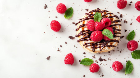 A delightful dessert featuring fresh raspberries, rich chocolate drizzle, and mint leaves, perfect for a sweet indulgence or celebration.の素材