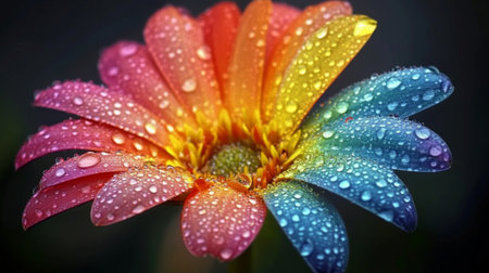 A stunning closeup of a vibrant flower showcasing a spectrum of colors and glistening water drops, perfect for nature and floral-themed projects.の素材