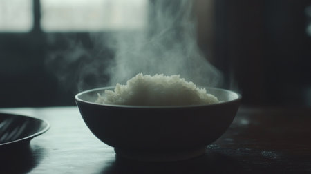A steaming bowl of rice sits on a wooden table, exuding warmth and inviting aromas. Perfect for showcasing comfort cuisine and home-cooked meals.の素材