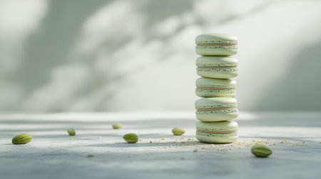 A visually appealing stack of green macarons on a minimalist surface, with soft shadows enhancing their elegance. Perfect for food photography and culinary art.の素材