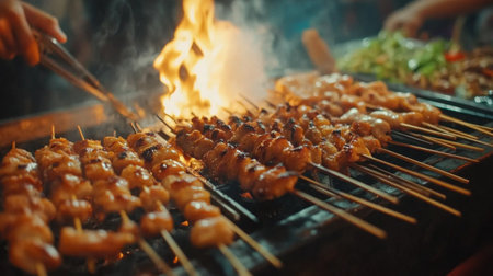 A vibrant night market scene featuring skewered meat grilling over an open flame, creating an inviting aroma and warmth that attracts food lovers.の素材