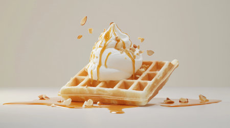 A scrumptious waffle topped with creamy delight and nuts, drizzled with syrup. Perfect for food photography, showcasing dessert indulgence.の素材