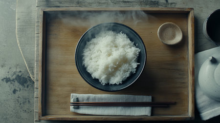 A steaming bowl of white rice is beautifully presented on a wooden tray, showcasing simplicity and warmth in an inviting dining atmosphere.の素材