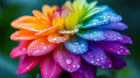 A stunning close-up of a rainbow flower adorned with glistening dewdrops, showcasing vibrant colors and intricate petal details, perfect for nature lovers.の素材