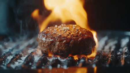 A mouthwatering burger sizzling over a grill, surrounded by flames and smoke, showcasing the art of cooking with intense heat and delicious flavors. Perfect for food lovers.の素材