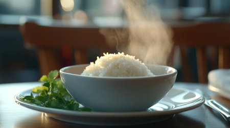 A steaming bowl of white rice sits on a table, surrounded by a fresh garnish of cilantro, creating an inviting dining atmosphere.の素材