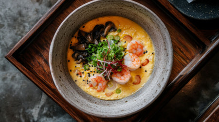 A vibrant seafood bowl featuring succulent shrimp, mushrooms, and fresh ingredients, perfect for a gourmet dining experience or a tasty homemade meal.の素材