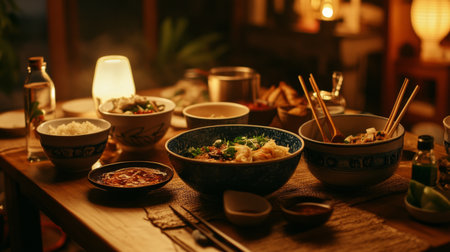 A cozy dinner table setting featuring an assortment of delicious food, warm candles, and inviting ambiance, perfect for a gathering or celebration.の素材