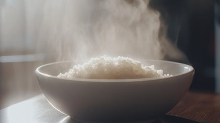 A steaming bowl of rice sits in soft light, showcasing its fluffy texture and comforting warmth, perfect for a meal setting or culinary presentation.の素材