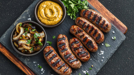 Savor the delicious grilled sausages served with mustard and sautの素材
