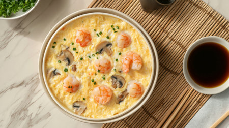 A vibrant shrimp and mushroom egg dish served with soy sauce on a bamboo mat. Perfect for a hearty breakfast or lunch, showcasing fresh ingredients.の素材