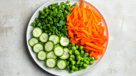 A vibrant assortment of freshly sliced vegetables including cucumbers, carrots, and peas, perfect for meal prep or as colorful ingredients in salads.の素材