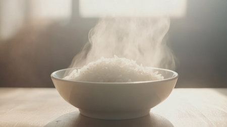A steaming bowl of freshly cooked rice sits invitingly in soft light. The steam rising creates an appetizing and warm atmosphere, perfect for culinary photography.の素材