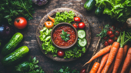 A vibrant display of fresh vegetables and a delicious sauce in a rustic setting, perfect for highlighting healthy meal prep and nutritious cooking.の素材