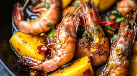 This vibrant dish features succulent shrimp cooked in a spicy mango sauce, combining flavors and colors for a delightful culinary experience. Perfect for any meal!の素材