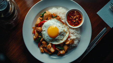 This vibrant dish features tender chicken pieces, a sunny-side-up egg, and fluffy rice. Perfect for showcasing delicious and colorful home-cooked meals.の素材