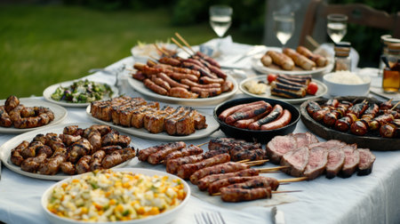A vibrant summer barbecue spread featuring an array of grilled meats, fresh salads, and delicious sides, perfect for outdoor gatherings and celebrations.の素材