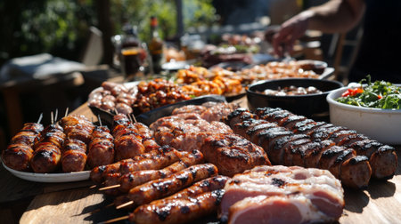 An enticing spread of grilled meats and vegetables showcases a vibrant barbecue feast, perfect for summer gatherings and outdoor parties with friends.の素材