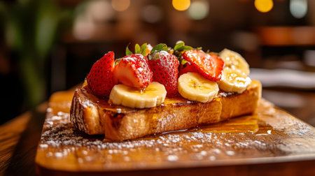 A beautifully presented slice of brioche toast topped with fresh strawberries and bananas, perfect for breakfast or brunch. Ideal for food photography.の素材