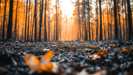 A serene autumn forest scene with fallen leaves covering the ground, illuminated by the soft rays of sunlight filtering through tall trees, creating a warm and peaceful atmosphere.の素材