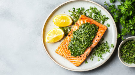 A vibrant plate of fresh salmon topped with a flavorful herb sauce, accompanied by lemon slices and greens for a healthy meal option. Perfect for culinary enthusiasts.の素材