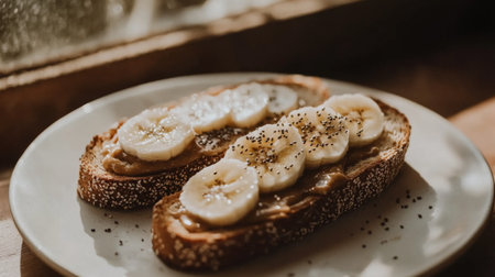 A beautiful presentation of toast topped with banana slices and nut butter, perfect for a healthy breakfast or snack. A rustic wooden table adds charm.の素材