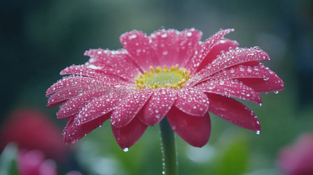 A stunning close-up of a pink flower glistening with water droplets, set against a soft-focused garden background, perfect for nature photography.の素材