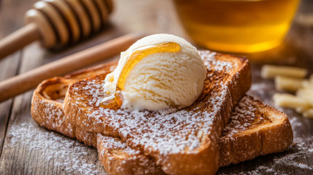 A delectable slice of toasted bread topped with creamy ice cream and a drizzle of honey, creating a perfect sweet indulgence for breakfast or dessert.の素材