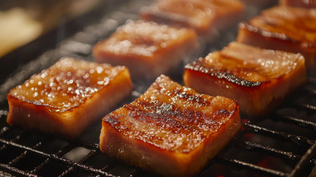 Close-up view of grilled meat sizzling on a barbecue grill, emitting flavorful smoke. Perfect for food lovers and culinary enthusiasts seeking delicious meal inspiration.の素材