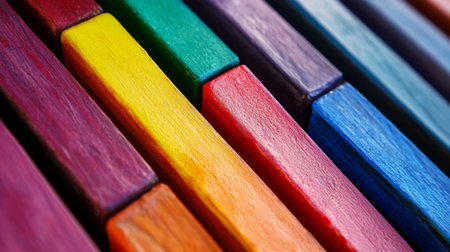 Close-up of vibrant wooden blocks arranged in rows, showcasing an array of colors. Perfect for creative play, educational activities, and decorative purposes.の素材