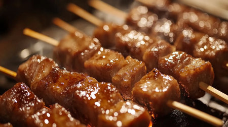 Mouth-watering grilled skewers sizzling over a barbecue grill, showcasing juicy meat with a rich glaze, perfect for gatherings and outdoor feasts.の素材