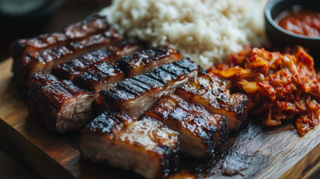 A sumptuous barbecue meat dish served on a wooden board, featuring tender slices of meat alongside fluffy rice and spicy kimchi, perfect for a hearty meal.の素材